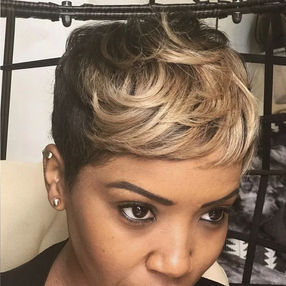 Krótka peruka pixie, kręcone fale, wstępnie wyregulowana linia włosów, peruki dla kobiet, kolor 1B/27, w pełni wykonane maszynowo krótkie peruki z ludzkich włosów.