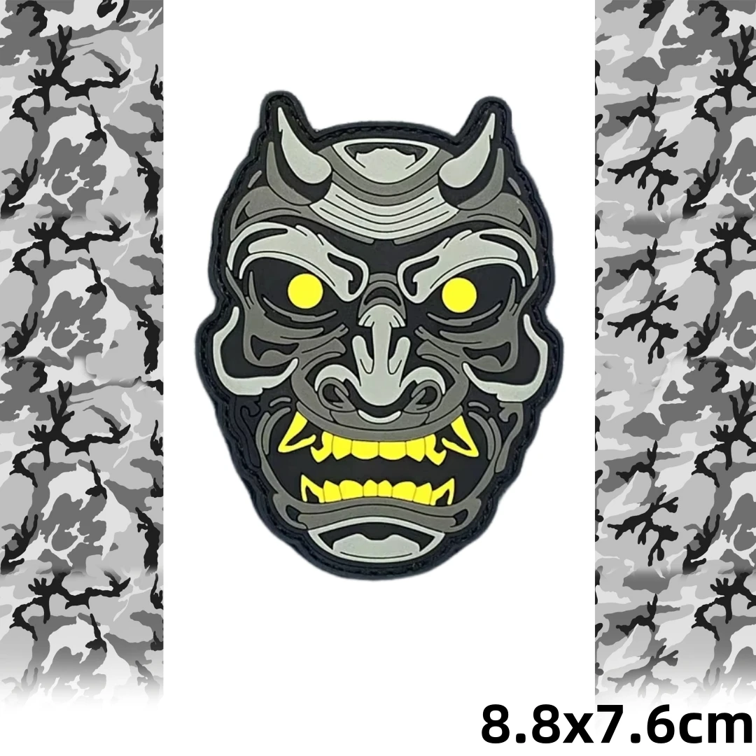 Hannya Mask Monster Samurai Tactical Morale Badge Patches Black Gold Military Armband PVC Hook and Loop Patch Backpack Sticker