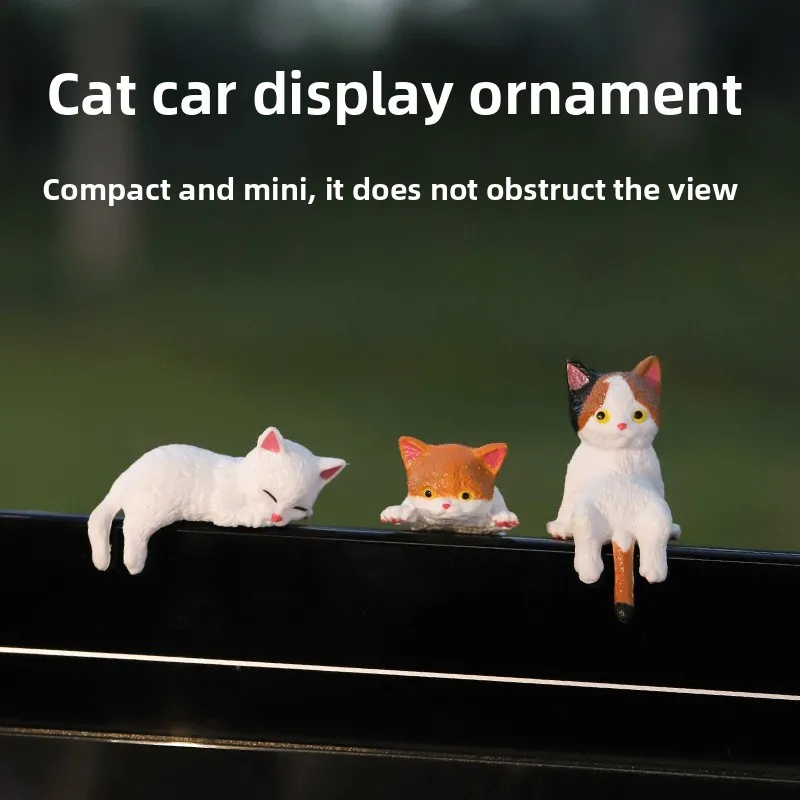 Cute Mini Cat Resin Figurine Car Screen Edge Ornament Statue Car Dashboard Desktop Decoration Vehicle Interior Decor