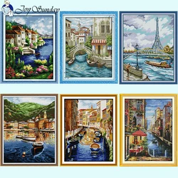 Venice Water City Scenic Series Count Cross Stitch Kits 14ct 11ct White Cloth Printed Fabric Embroidery Set DIY Home Decor Gifts