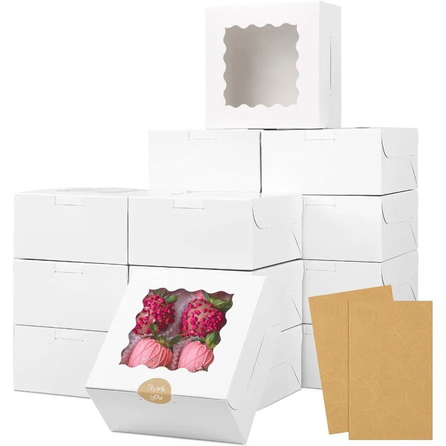 

30pcs Cookie Boxes 6x6x3 Inches Bakery Box with Window White Treat Containers for Small Pie Chocolate Covered Strawberries Cup