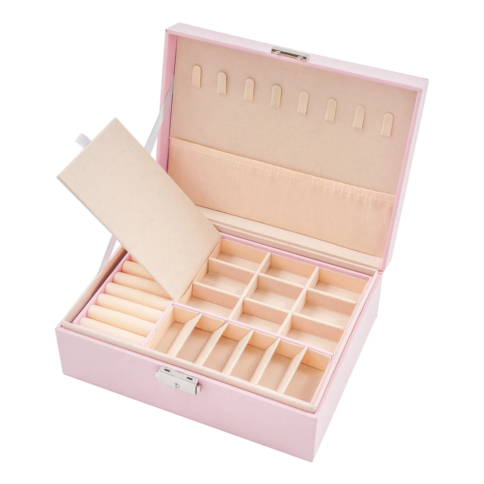 Boîte à bijoux, boîte à bijoux en PU à Double niveau, boîte de rangement de bijoux avec serrure rose magasin de divers bijoux tels que les boucles d'oreilles