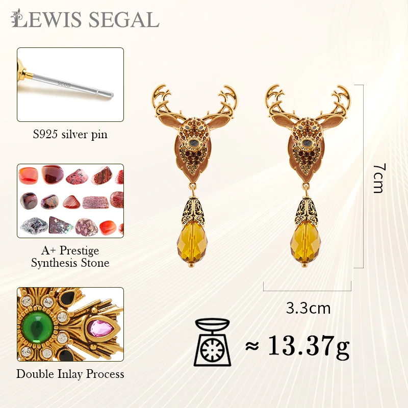 أقراط LEWIS SEGAL-Citrine للنساء ، رأس غزال عتيق ، طراز القرون الوسطى ، مجوهرات راقية فاخرة ، مطلية بالذهب عيار 18 ، هدية حفلات غير رسمية