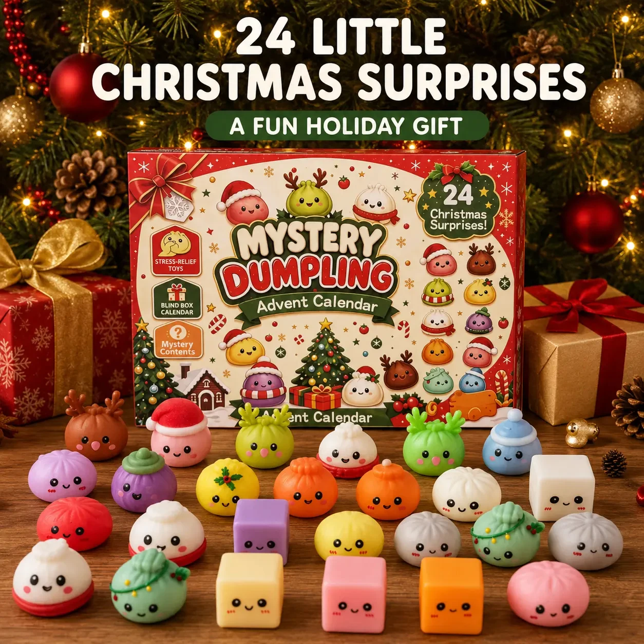 2026 Christmas Advent Calendar 24‑Day Mini Squishies Fidget Set Cute Stress Relief Toy Xmas Stocking Stuffer Gift for Kids Adult