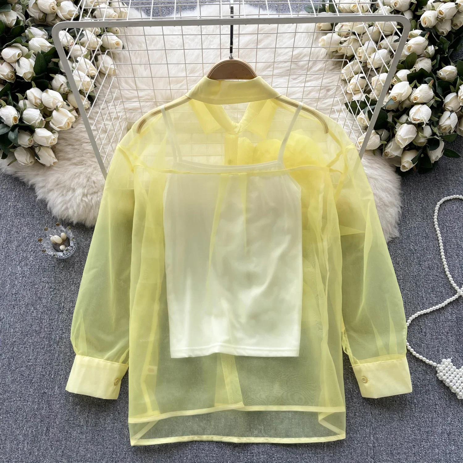 Chic Elegant Three-dimensional Floral Lapel Long Sleeve Sheer Top Vintage Korean Fairy Crop Top Autumn Women Clothing