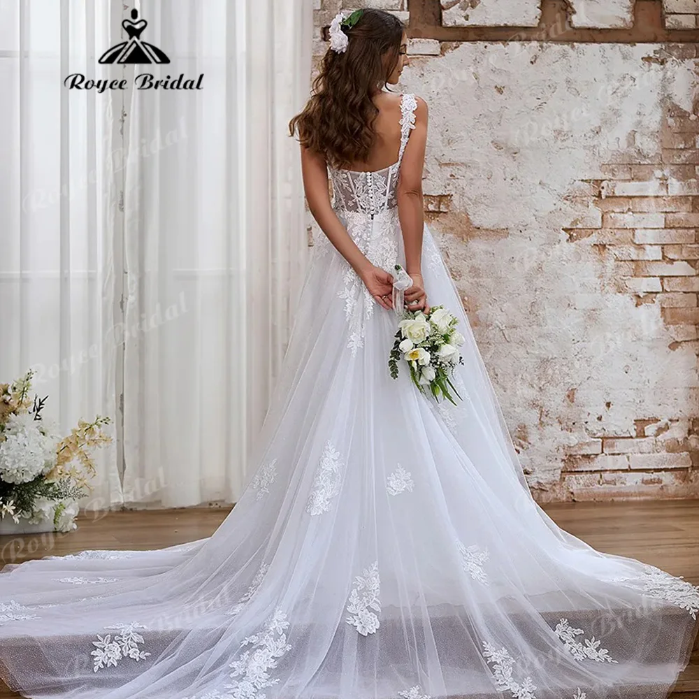 Lace Spaghetti Strap Sweetheart Corset Wedding Dress High Slit Sparkle Tulle Button Back Chapel Train Bridal Gown Customized