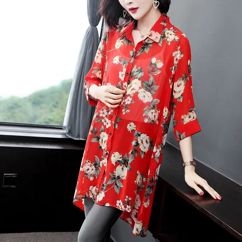 Thin Printing Elegant Korean Floral Three Quarter Sleeve Button Blouses Fashion Casual Turn-down Collar Women's Clothing 2023