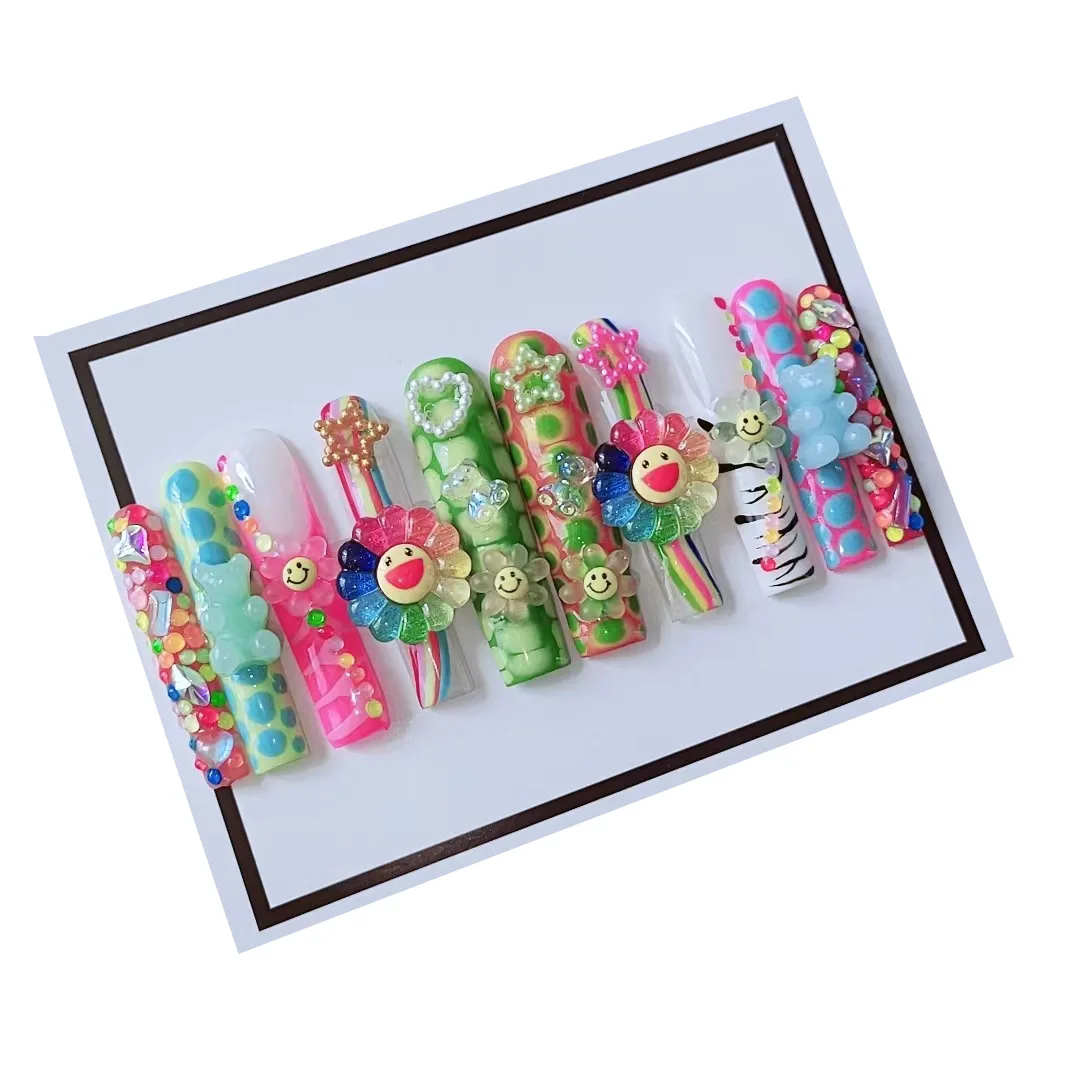 Dopamine Sweet Cool Girl Y2K Long Colorful Small Flower Candy Bear Star Wearing Armor Detachable Party Nail Girl Gift