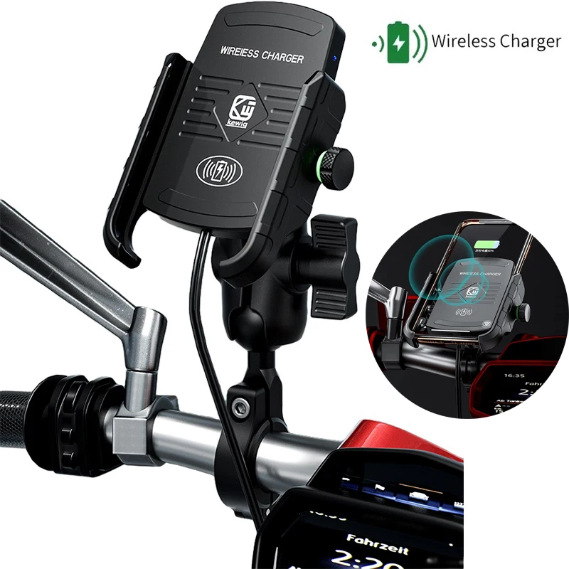 Motorcycle Wireless Charger Phone Mount Waterproof Handlebar Qi Charging Phone Holder 360 Rotatable for 3.5-6.8 Inch Cellphones