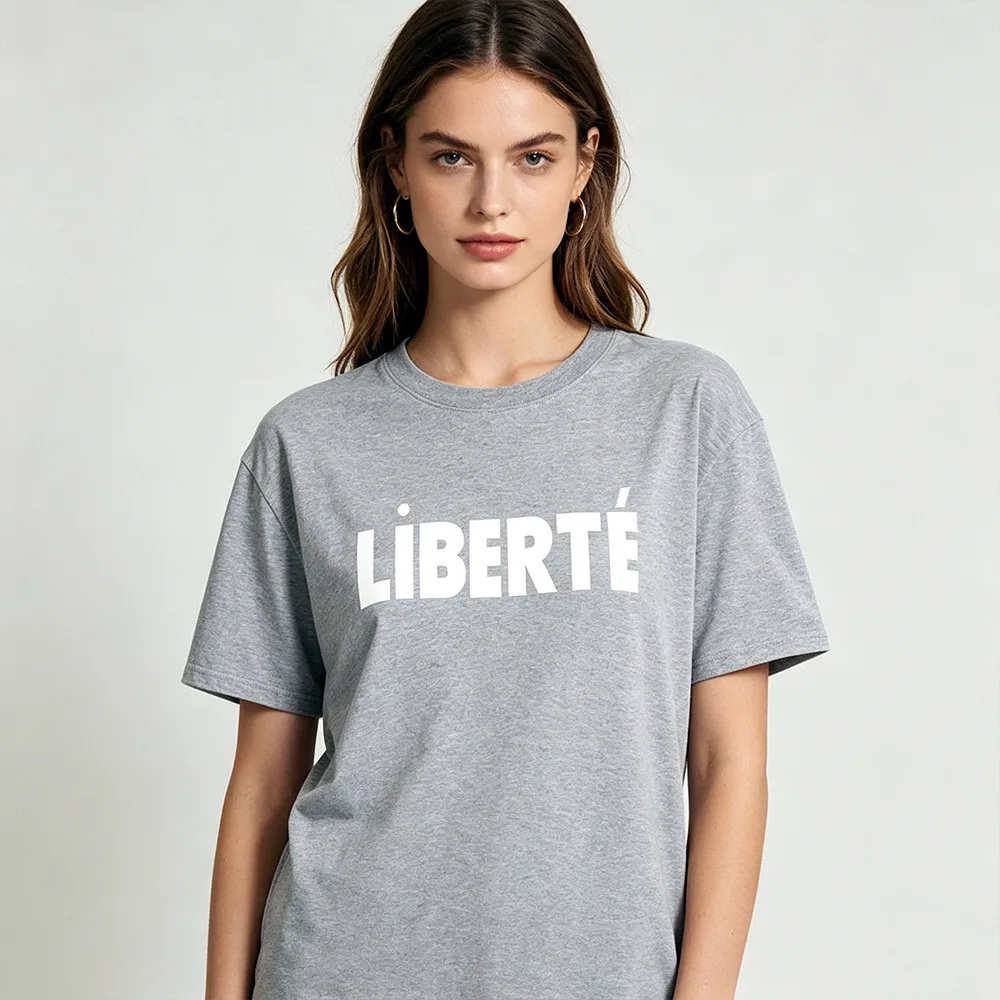 Liberte French Letters Printing Female Elegant Short Sleeve T Shirts Summer Loose Cotton Casual Tops Ins Fashion Gray Tees