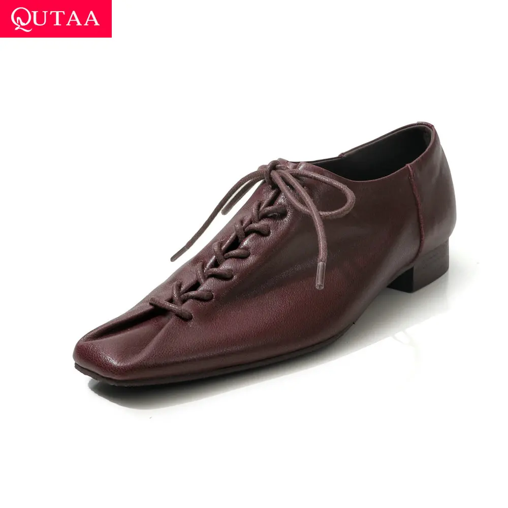 

QUTAA 2026 Новинка: Модные женские туфли-лодочки из натуральной кожи, женские лоферы на шнуровке, повседневная обувь с круглым носком, размеры 34-40