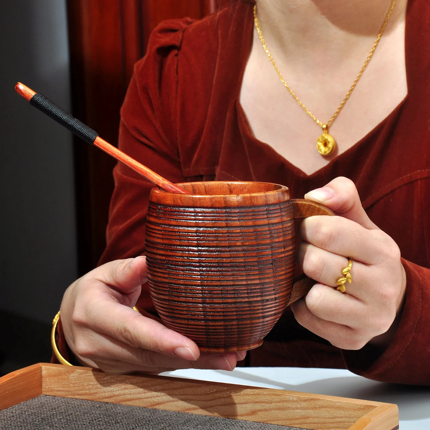 

Vintage Large Capacity Mugs with Handle Natural Wooden Beer Coffee Cups Milk Big Belly Tea Cup Office Kitchen Drinkware