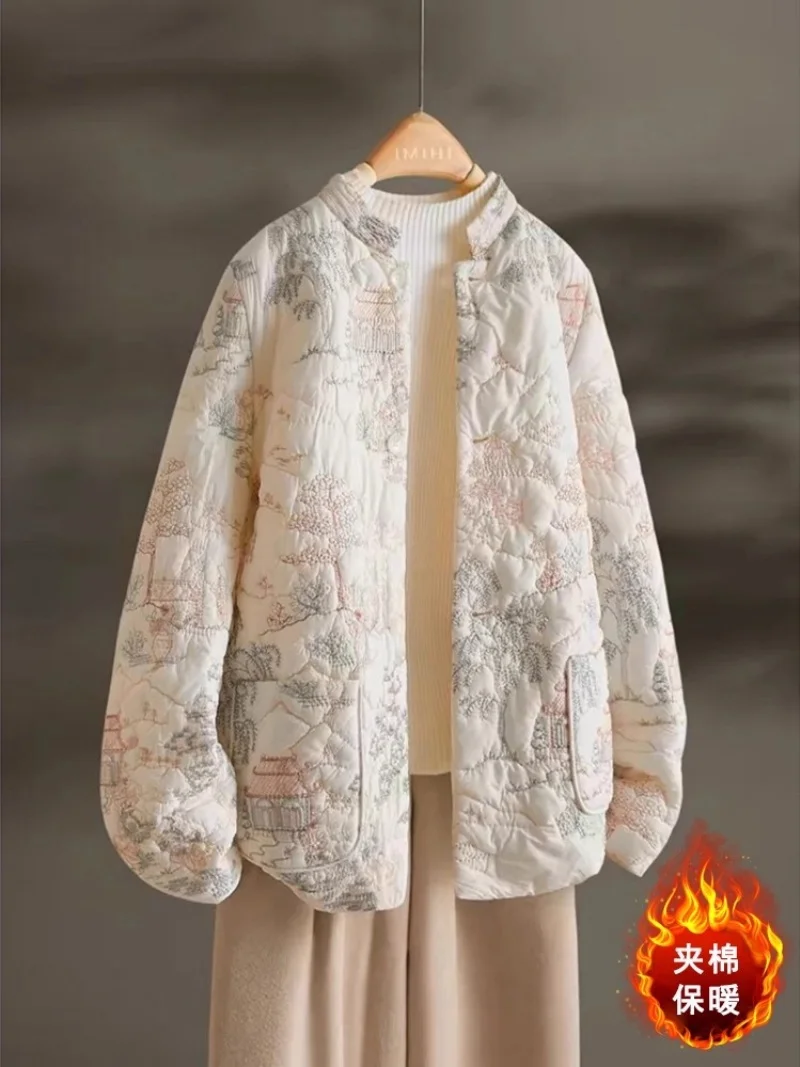 Chinesische Wind Bestickte Baumwolle Jacke Warme Große Größe frauen Einreiher Stehkragen Langarm Stepp Mantel W408