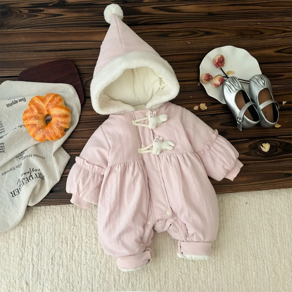 UNIFEMEN Baby Girls Winter Rompers Plus Velvet Soft Hooded Rabbit Buttons Newborn Girls Onesies Infant Girls Warm Jumpsuits