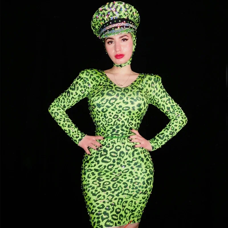 الأخضر ليوبارد الراين فستان قبعة المرأة فساتين السهرة الحفلات مرحلة مهرجان الزي ملابس الجاز سحب الملكة زي XS6370