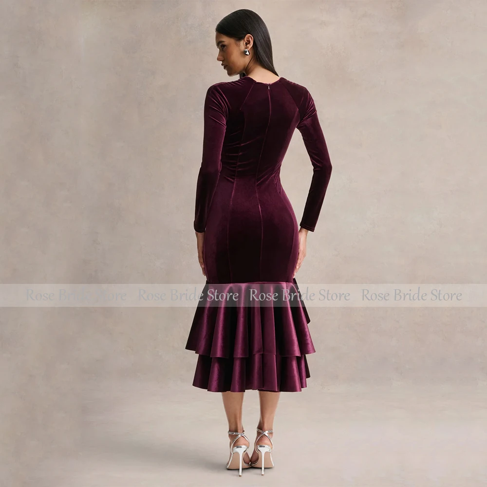 Customized Midi Cocktail Dress Mermaid Long Sleeves Asymmetrical Cocktail Gowns High-Low Trumpet Velvet Formal Party Dresses