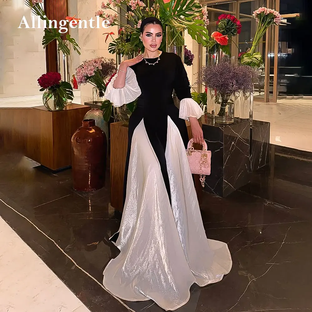 

Modest Saudi Arabic Black White Long Sleeves Evening Gown A-Line Women's O-Neck Draped Formal Dress Elegant 2026 Customized