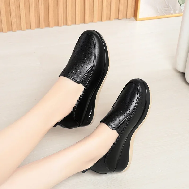 4.5cm Breathable Comfortable Shallow Cutout Soft Leather Shoes Women Loafers 2024 Summer Platform Wedges Shoes for Office Mom