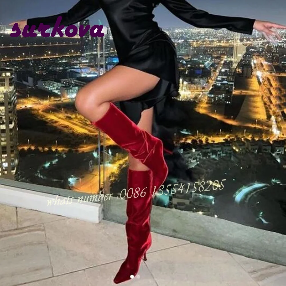 Botas hasta la rodilla de terciopelo rojo, tacones de gatito con punta puntiaguda, botas informales para mujer, zapatos de fiesta de lujo sin cordones sólidos, novedad de 2024