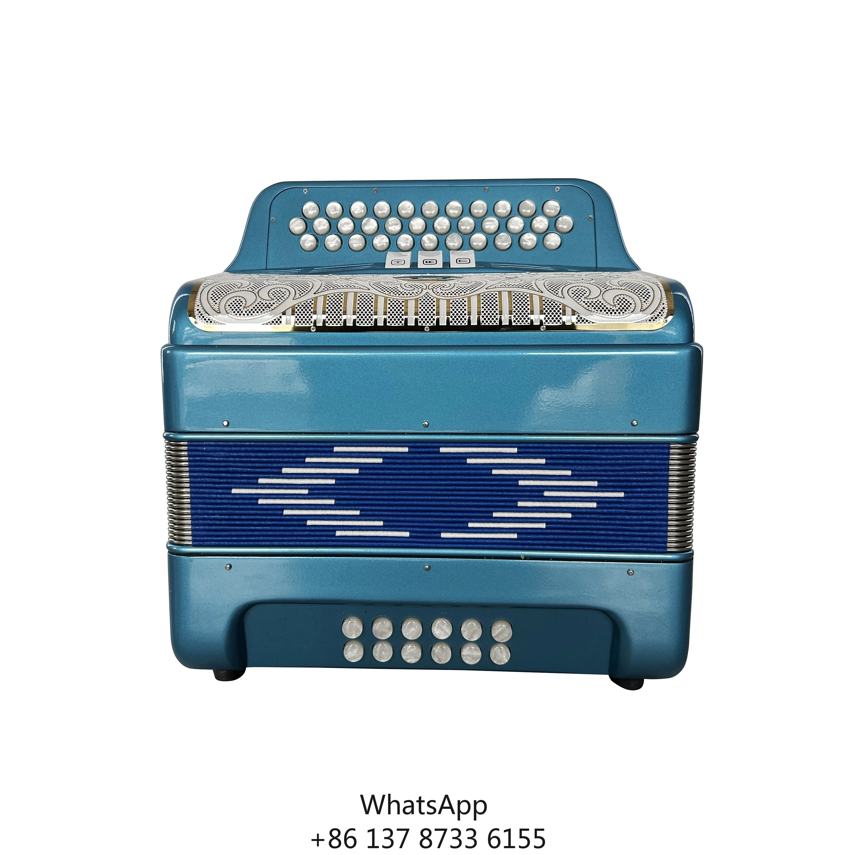 Diatonic Accordion Instrument 34-Button 12-Bass 3-Register Blue Metallic Acordeon White Gold Grill Buttons Wood JB3412C