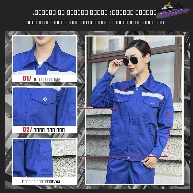 Męski zestaw roboczy na wiosnę/lato z długim rękawem, z odblaskowymi paskami, odporny na zużycie, młodzieżowy, z mieszanki bawełny i poliestru.