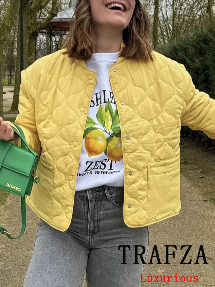 

TARFZA High Street Chic женская стеганая куртка с однотонными пуговицами и круглым вырезом с длинным рукавом желтое толстое пальто новая мода 2023 осенняя верхняя одежда