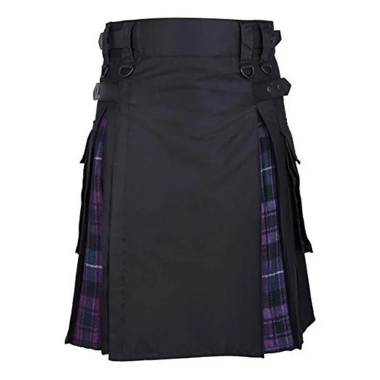 Men\'s Plus Size Scottish Hybrid Black Cotton & Tartan Utility Kilts with Leather Straps Kilts for Men