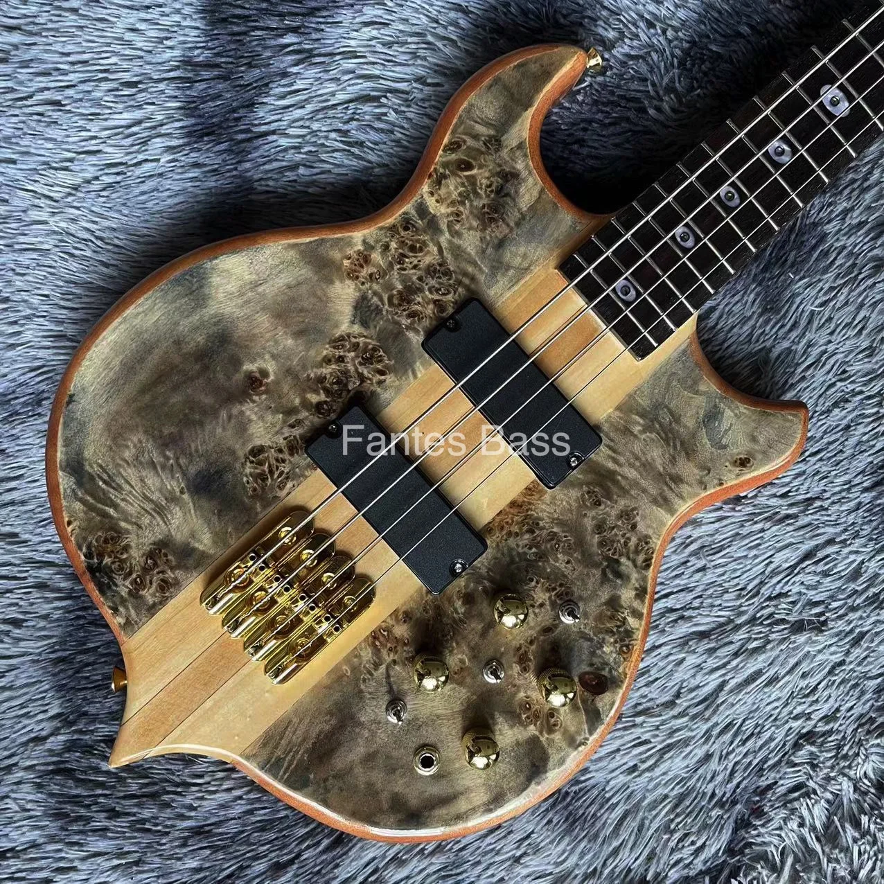 Custom Fantes Bass Alemb style 4 Strings Neck Thru Body Electric Guitar Bass Factory Burst Maple Top 9V Active Pickup