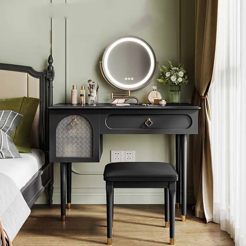 

Nordic Modern French Dresser Drawer Glass Stool Cloakroom Black Luxury Vanity Design Unique Penteadeira Bedroom Furniture