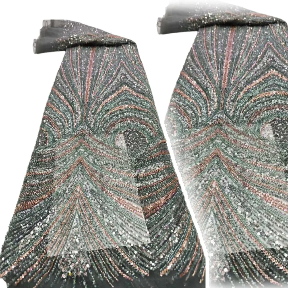 

Luxury Beads Lace African 2025 High Quality 5 Yards Handmade beads Sequins Fabric Nigeria For Evening Party Dres CC1201