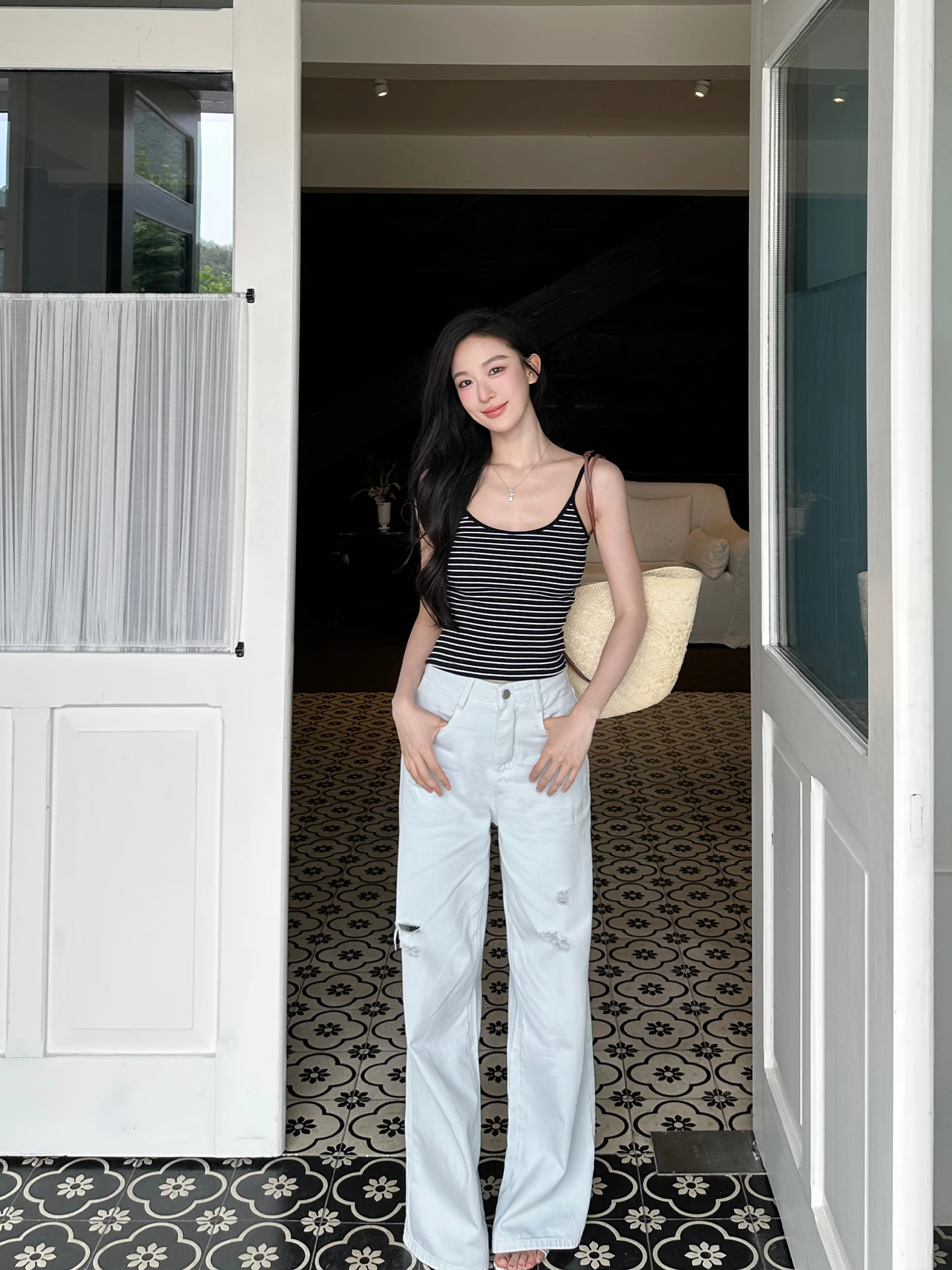 

Женские джинсы с высокой талией, свободные, прямого кроя, из 100% хлопка, с эффектом потертости, модные длинные брюки