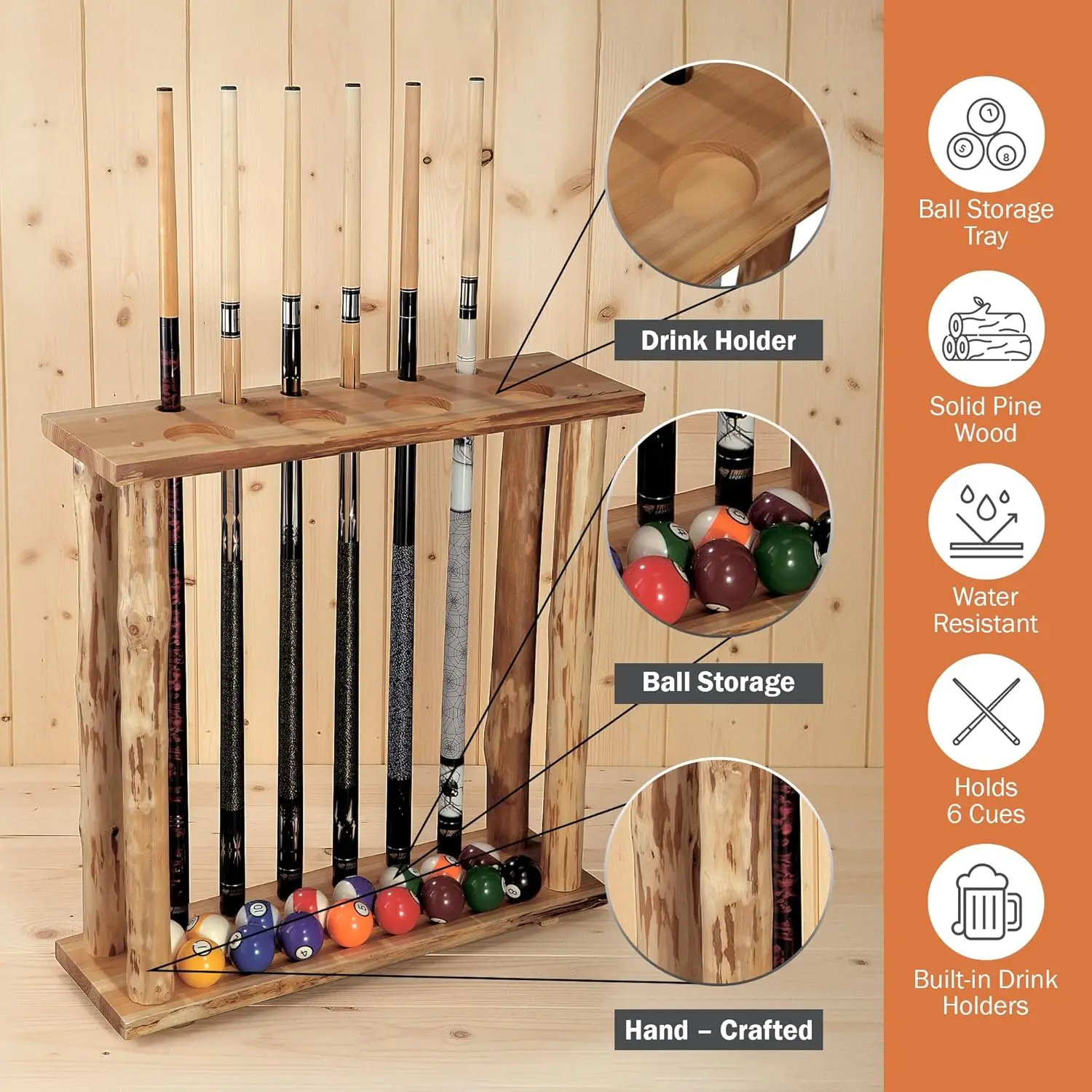 Porte-taches de billard rustique en pin pour 6 et 16 boules, sur pied avec porte-boissons