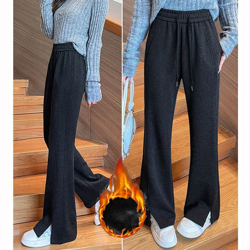 Winter Mädchen Retro Bequeme Fleece Hosen Dame Hohe Taille Plüsch Ausgestelltes Hosen Frauen Schnee Warme Klassische Mode Thermische Hosen