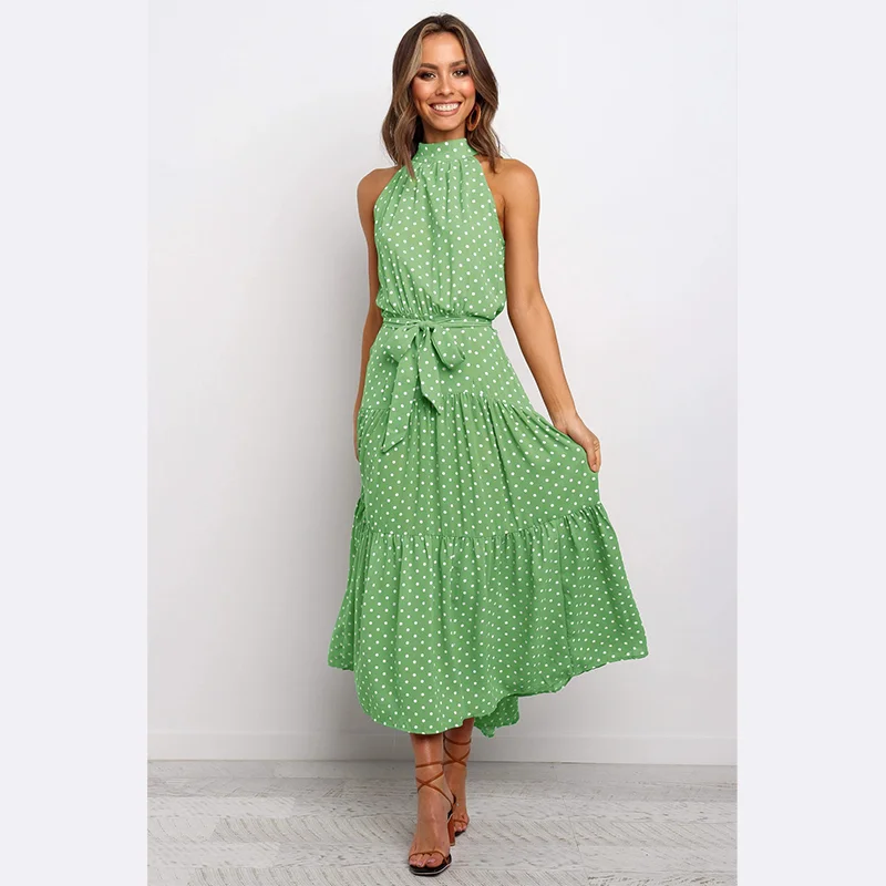 

Long Polka Dot Dress for Ladies, Halter Strap, Backless, Off-the-Shoulder, Simple and Elegant, Casual Fashion, Summer, 2023