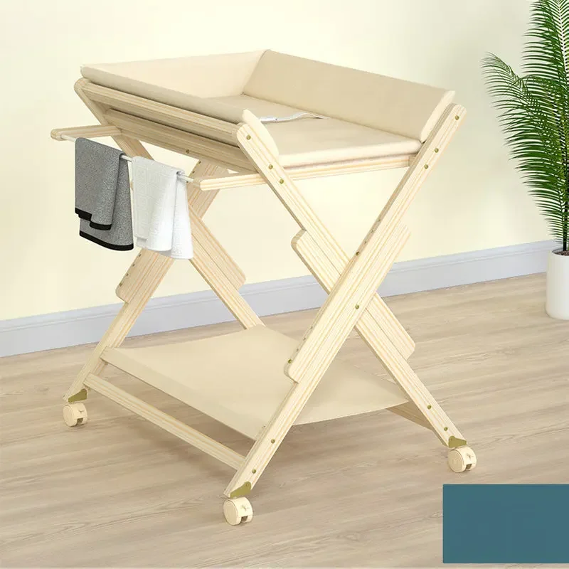 Solid Wood Foldable Changing Table, Multi-Functional Newborn Baby Care Massage Bath Station