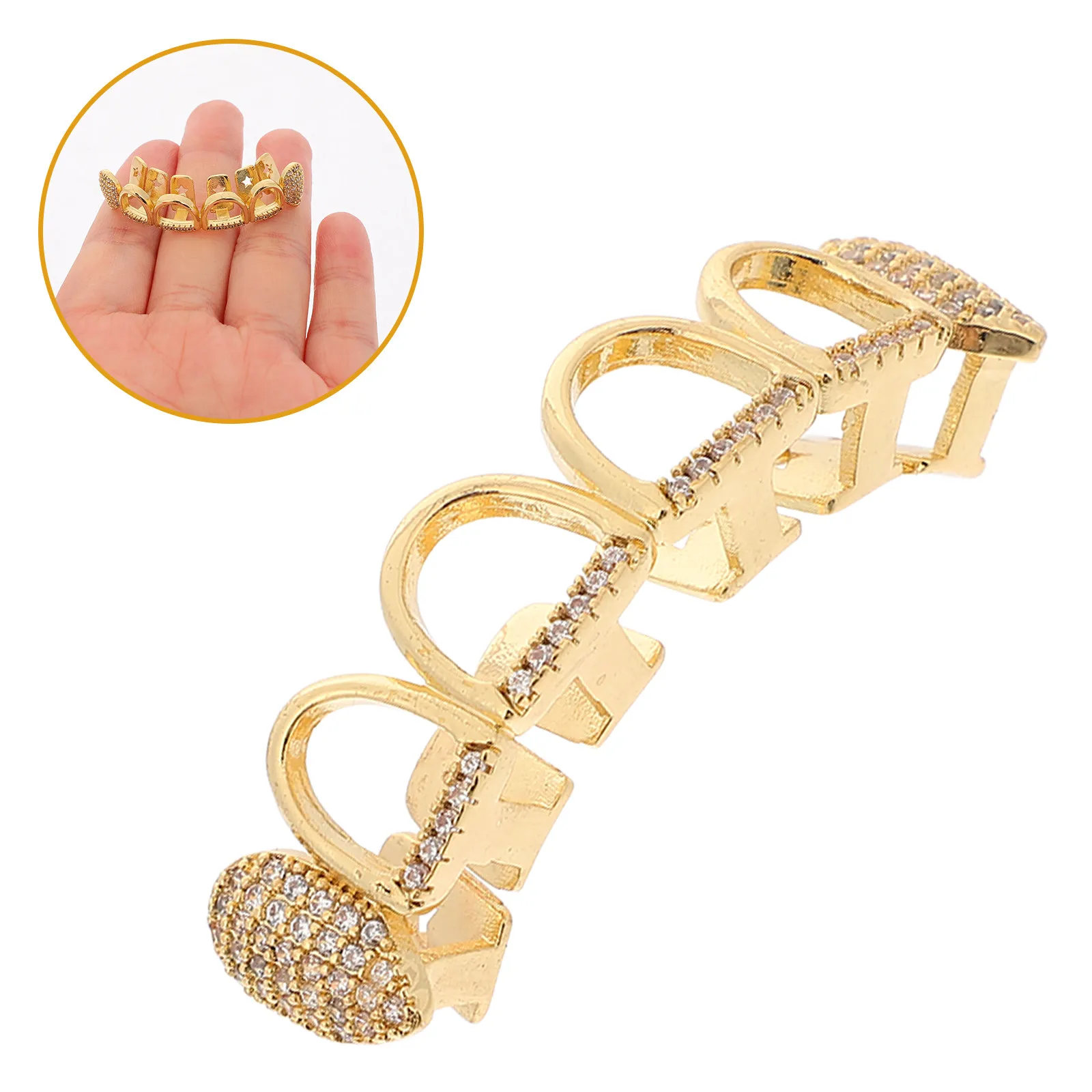 

1Set Gold Teeth Grill Rapper Fang Design Zircon Halloween Party Fake Tooth Crown Mouth Grill Teeth Jewelry