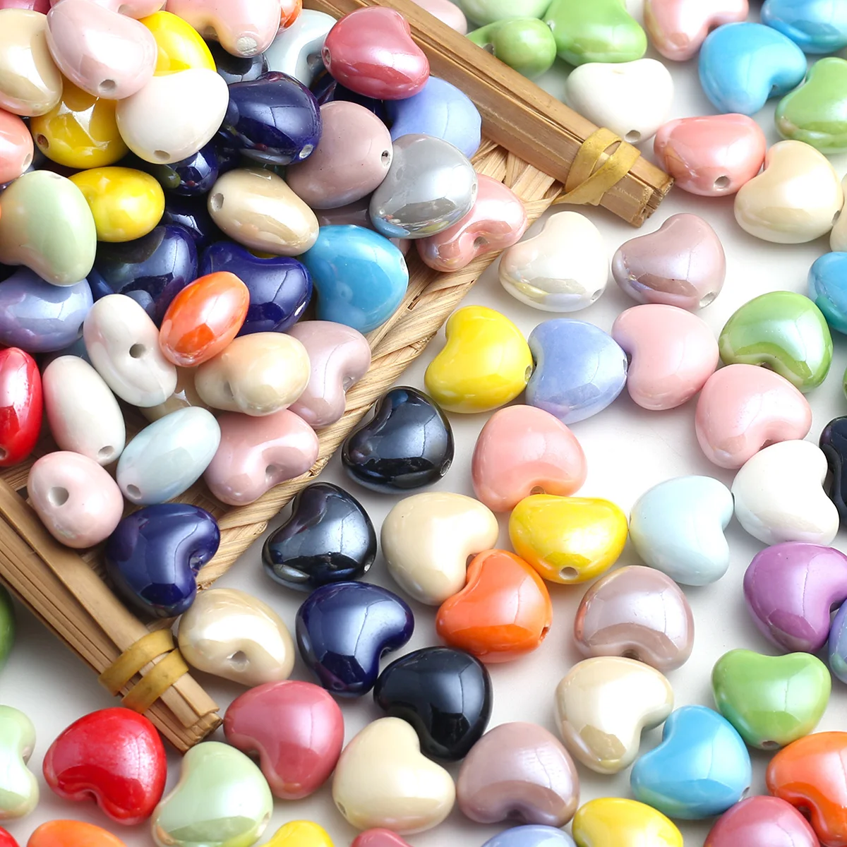 16/32Pcs Random Color Ceramic Flat Heart Beads 12*15mm Multicolor Loose Beads For DIY Necklace Earring Jewelry Making Supplies