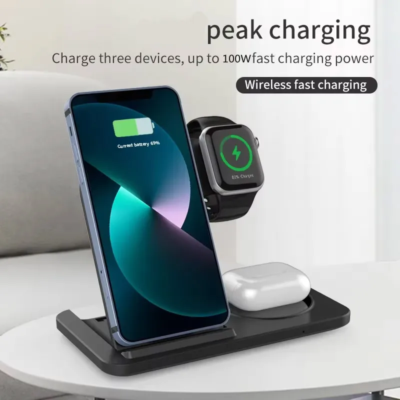 

Беспроводная зарядная станция VIKEFON 3-в-1 15 Вт для iPhone 17-12 Pro Max, Apple Watch 8 7 SE, Airpods, складная, с быстрой зарядкой