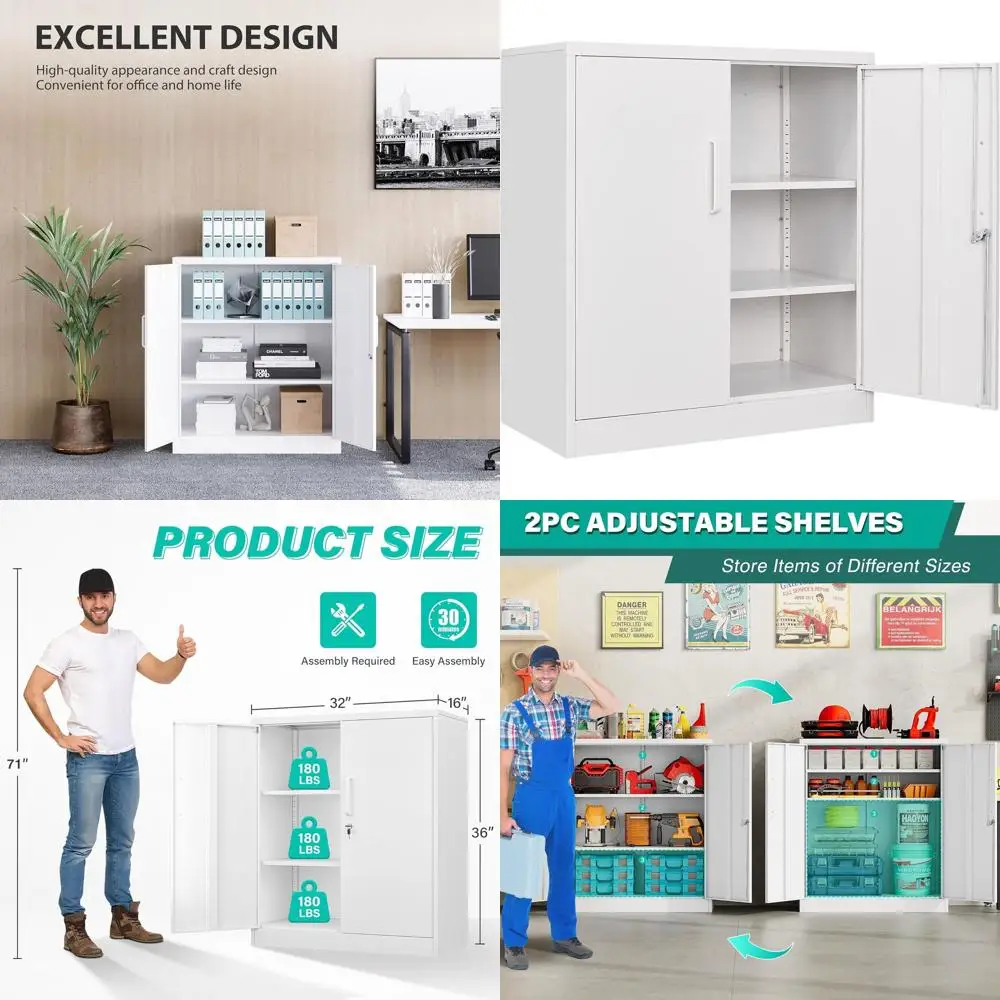 

Белый металлический шкаф для хранения 36 дюймов с дверцами, полками и замком для дома, офиса или гаража
