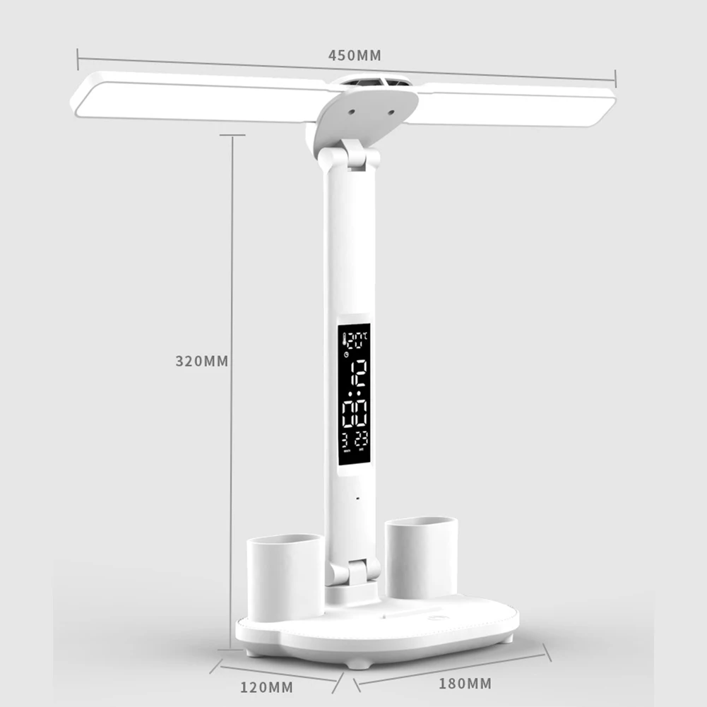 LED Desk Lamp USB 3-grades Dimmable Touch Foldable Table Lamp with Calendar Temperature Clock Night Light for Study Reading Lamp