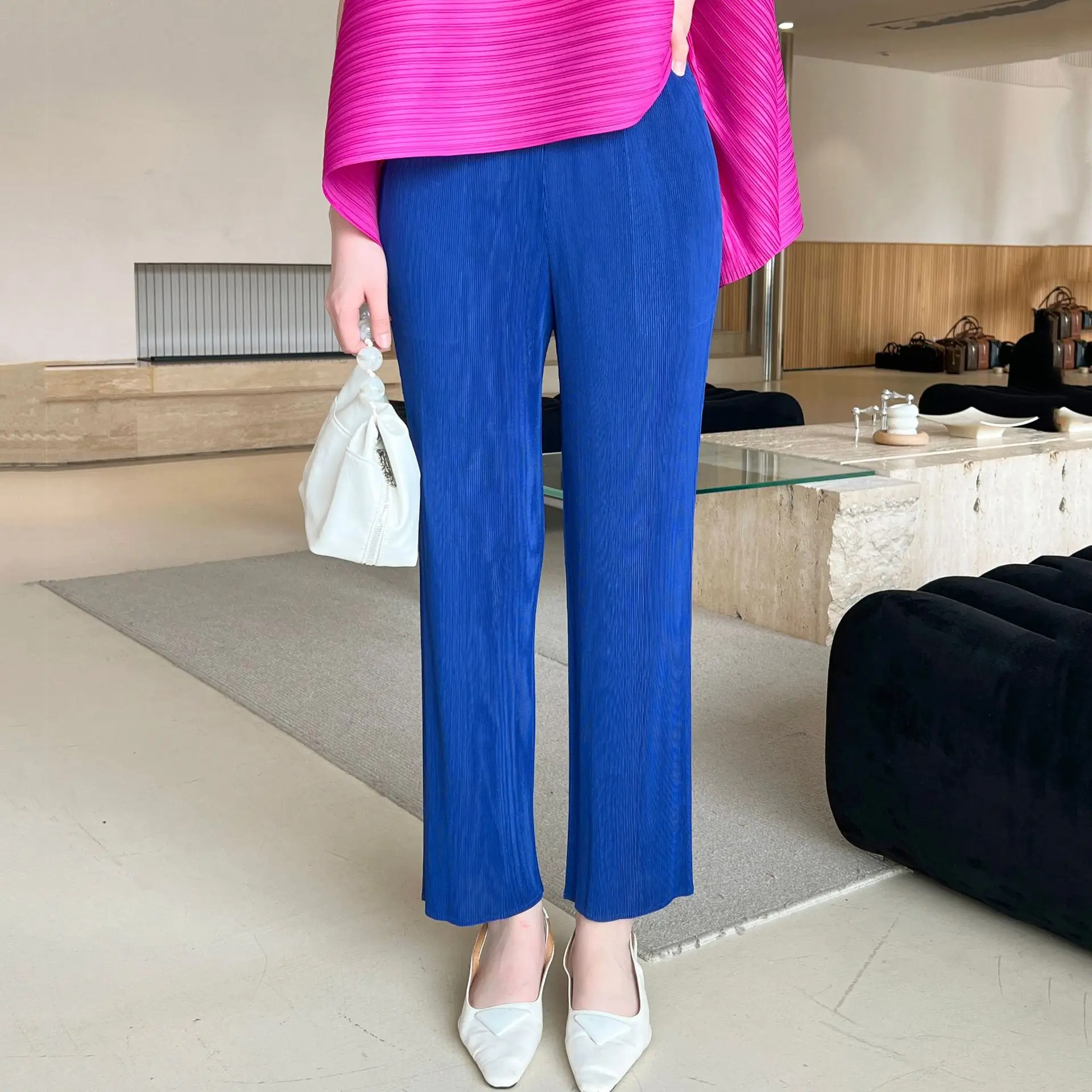 

Miyake Pleated Solid Color Women Pants 2025 Spring and Summer New Soft Versatile Casual Korean Pants Straight Nine Pants Female