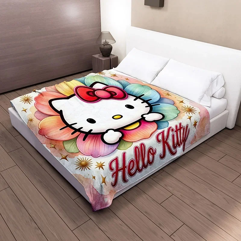 Hello Kitty Flannel Throw Blanket Watercolor Art Kitty Design, Cozy Warm Blanket For Napping Picnic Indoor Daily Relax