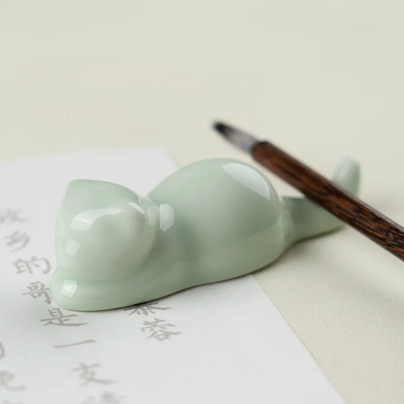 Cute Cat Ceramic Brush Rest Creative Animal Pen Holder Multi Function Paper Weight for Chinese Calligraphy Student Desktop