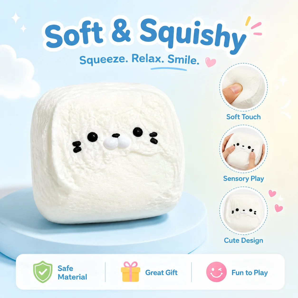 Soft Square Cartoon Character Fidget Squishy Toy Non Toxic Food Grade Silicone Stress Squeeze Toy Portable Relaxing Hand Toy