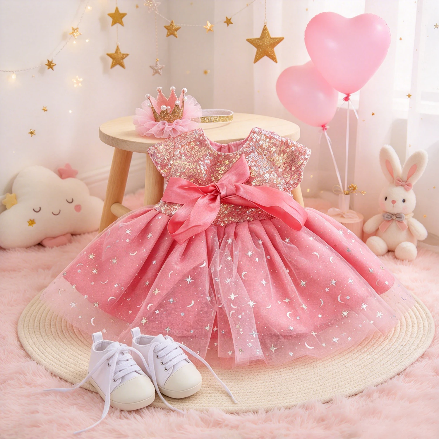 55cm Reborn Baby Doll Clothes Outfit Pink Sequin Star Moon Tulle Dress + Crown Headband and Shoes Set Doll Dress Up Accessories