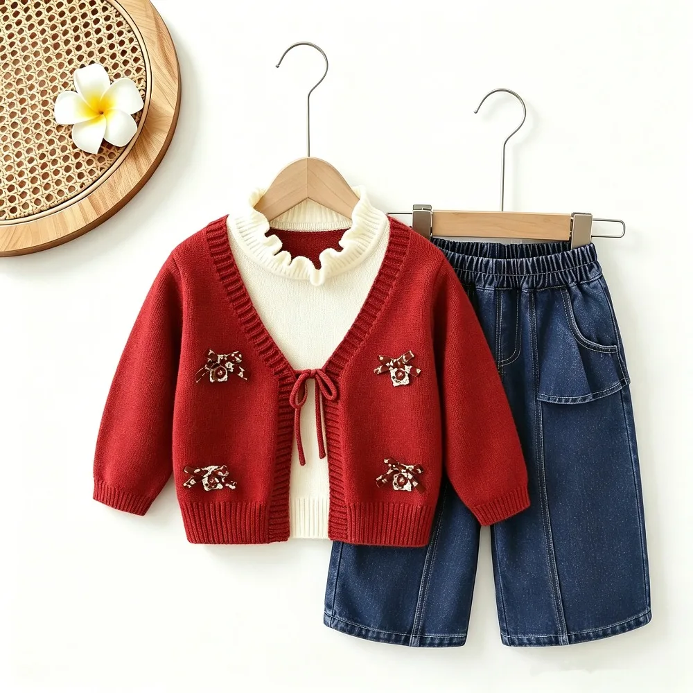 2026 Autumn Winter Girls Knit Two Piece Set, Stylish Casual Knitted Top With 3D Bow Decor For Little Girls  for 90-130cm