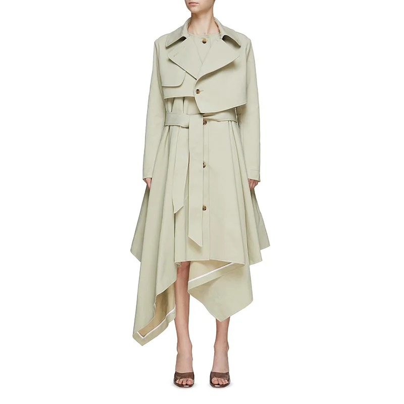 

Women Beige Newest Asymmetrical Trench Coat Long Duster With Belted Waist and Pockets Elegant Back Slit Double-Breasted Overcoat