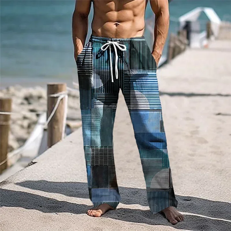 Retro plaid print men\'s casual wide leg pants, fashionable new wide leg pants, Hawaiian loose beach pants comfortable