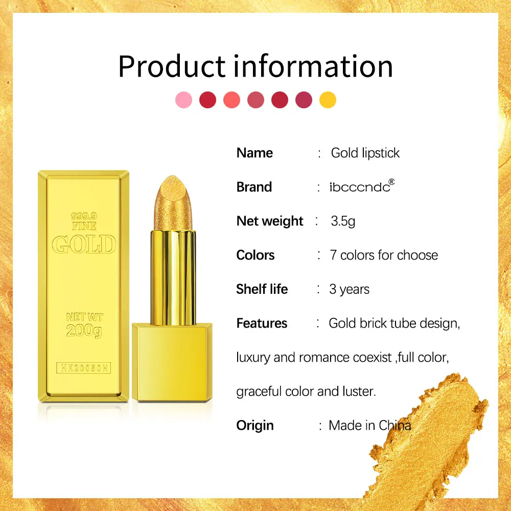 Shimmer Gold Lipstick Metallic Glitter Sexy Lipsticks Long Lasting Batom Waterproof Cosmetic Gold Brick Tube Design Gift 3.5g