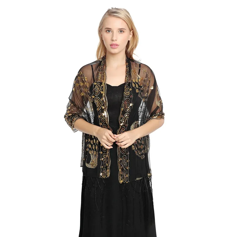 

Spring Autumn Sequin Shawl Peacock Embroidery Tassel Shawl Party Evening Dress Shawl Cloak Ponchos Capes Black